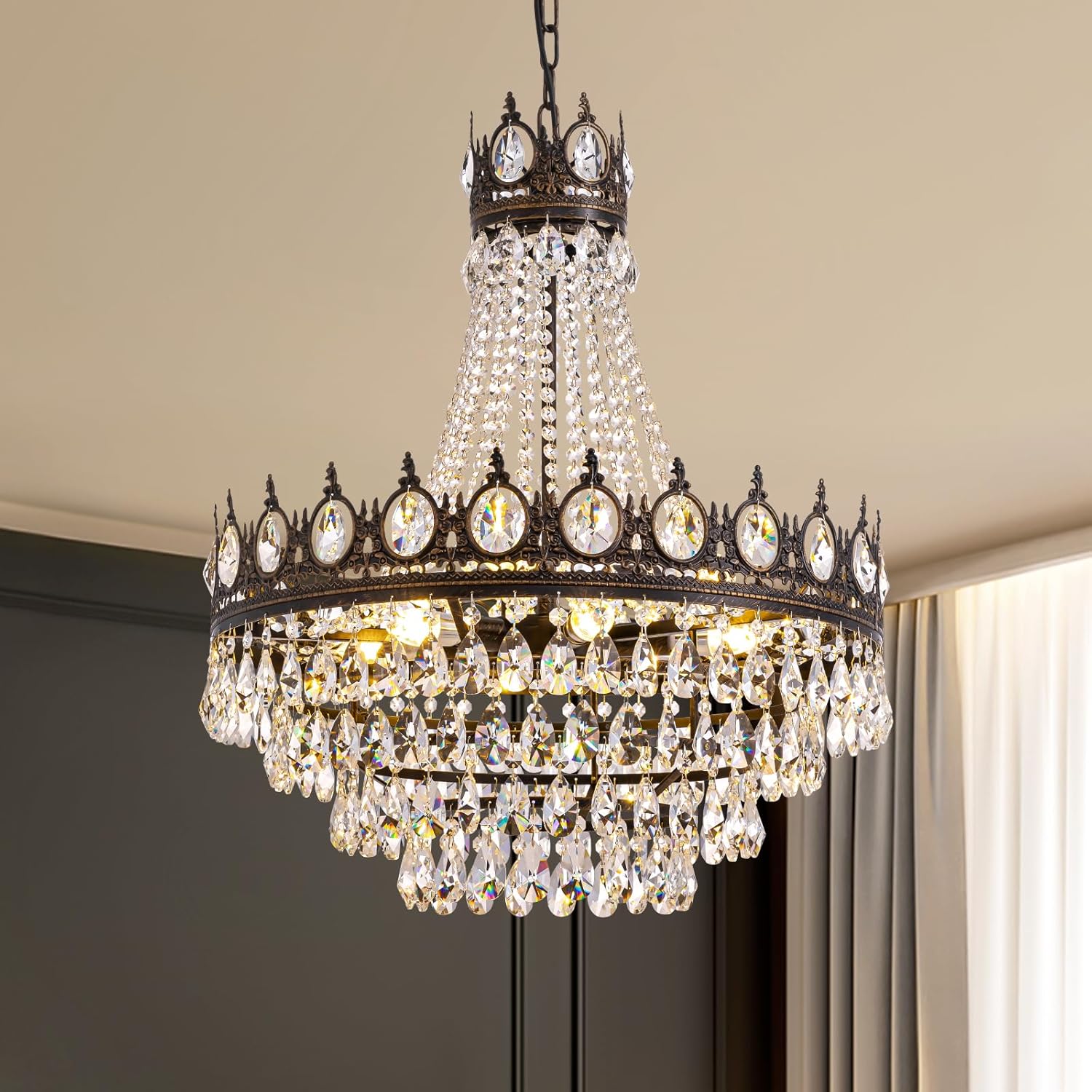 7PM French Empire Crystal Chandeliers, Vintage Crystal Chandelier, Antique Bronze Chandelier, Rustic Farmhouse Ceiling Light Fixture for Dining Room Bedroom Living Room Kitchen Foyer, W 24"