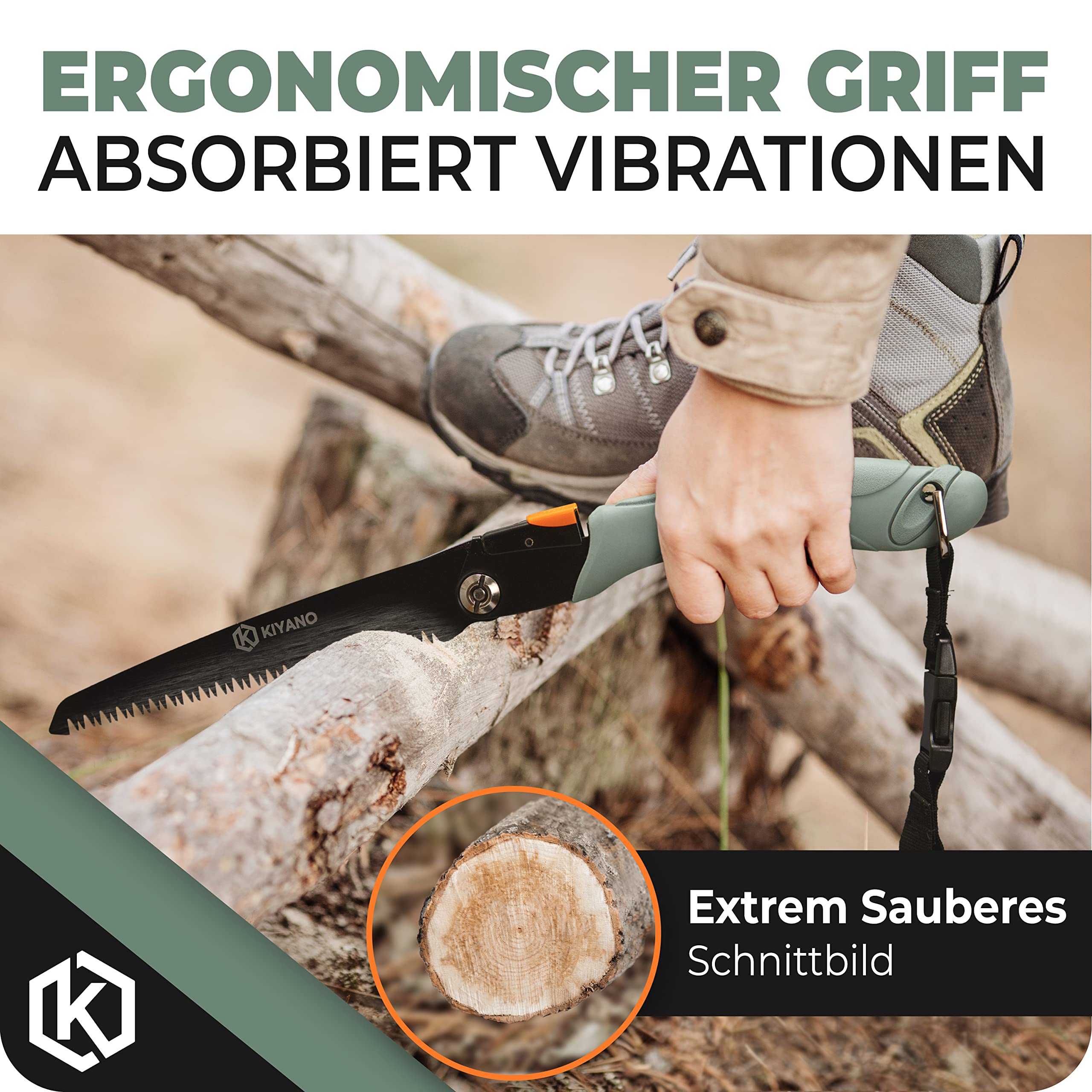KIYANO® Sierra plegable premium para exteriores/podar con bloqueo de seguridad, incluye mosquetón táctico (210 mm), sierra de mano de madera de acero al carbono SK5, para Bushcraft, supervivencia,