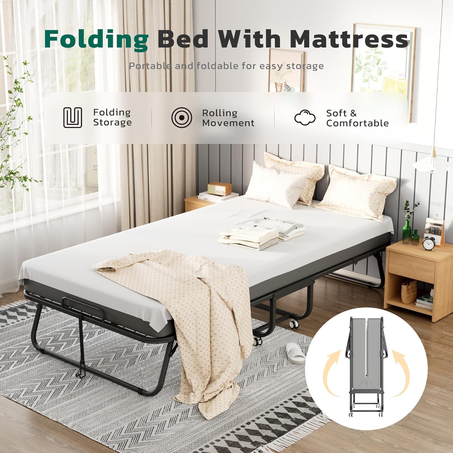 Greenvelly Folding Bed with Mattress, 75" x 31" Rollaway Bed with 5 Inch Memory Mattress for Adults, Metal Frame Foldable Beds with Dust Cover for Guest Room, Small Apartment, Office