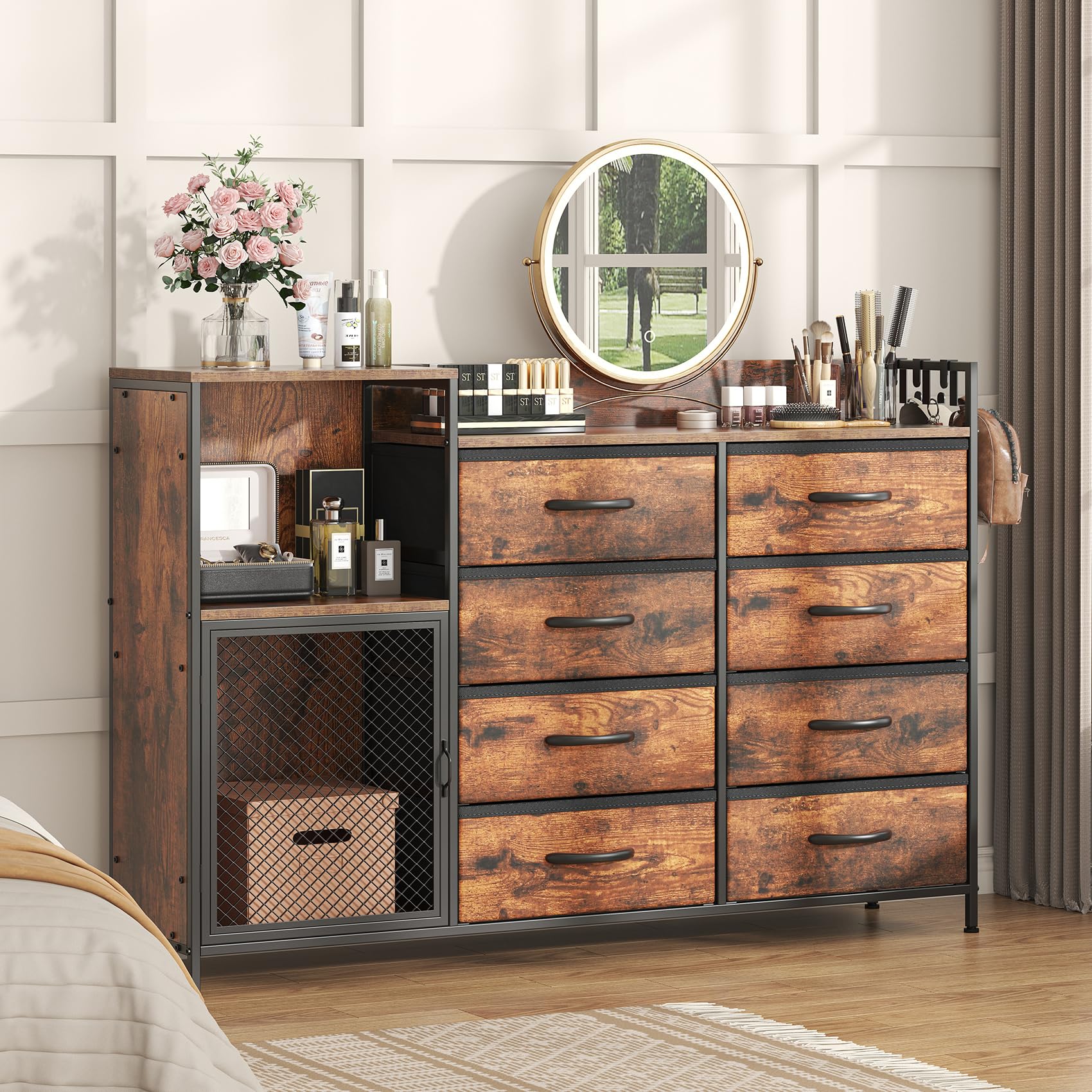 Rustic Brown Dresser for Bedroom, 52'' Wide Fabric Dressers Furniture with Wooden Top,TV Stand with Deep Drawer, 8 Drawer Chest of Drawer for Living Room