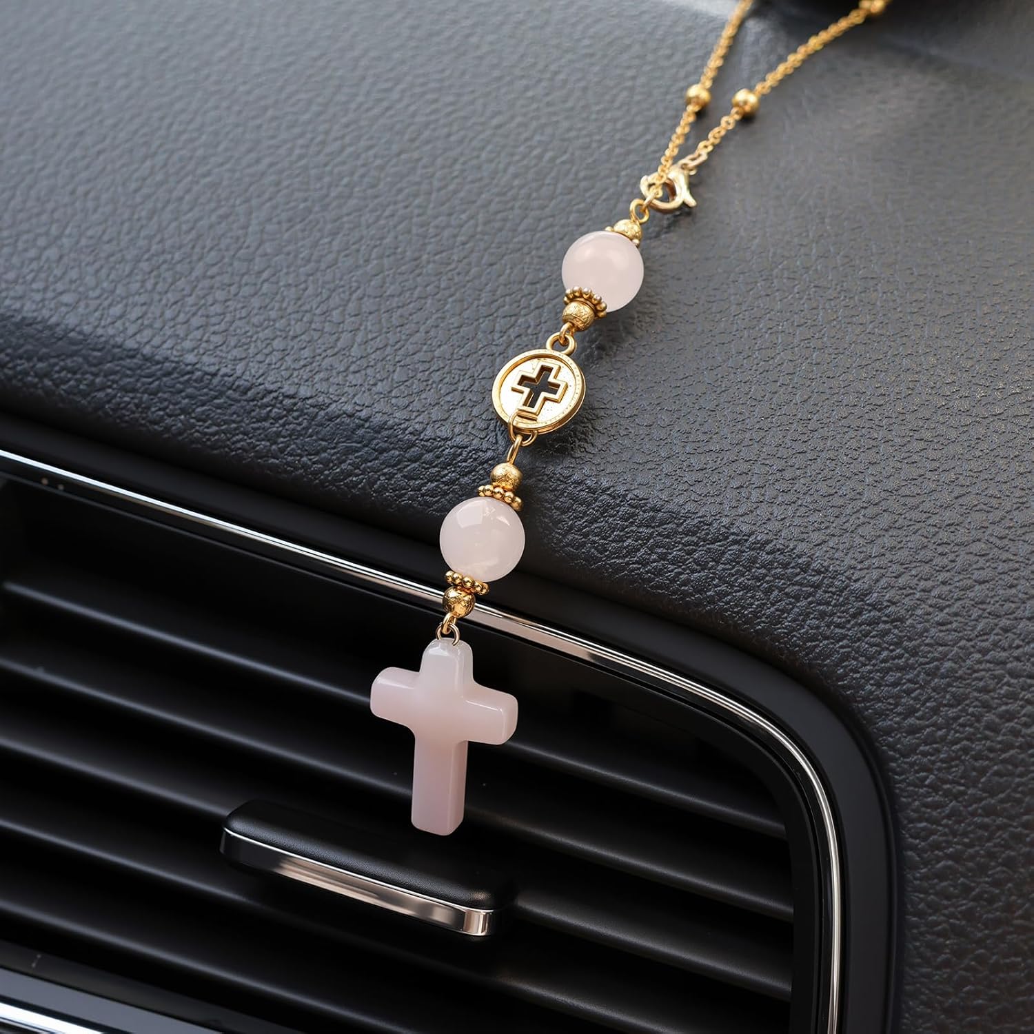 Cross Crystal Hanging Car Charm,Cute Healing Stones Car Decor for Rear View Mirror Boho Handmade Sun Catcher Ornament Accessories Rose Quartz Crystal Protection for Women