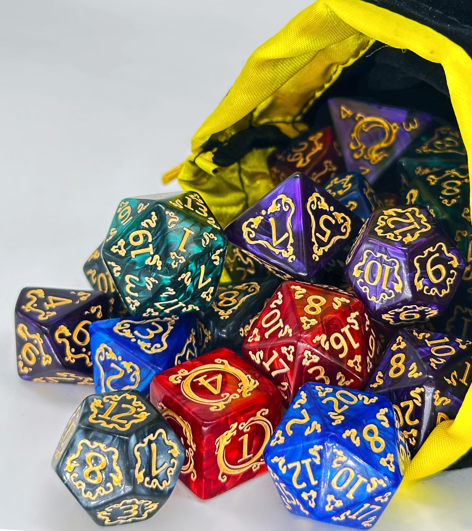 Juego de Dados Poliédricos, 35 Piezas - 5 Sets de Dados de rol con 1 Bolsa para Dungeons and Dragons D&D RPG MTG Juegos de Mesa, Incluye D20, D12, D8, D6, D4, D10 (0-9) y D10 (00-90)