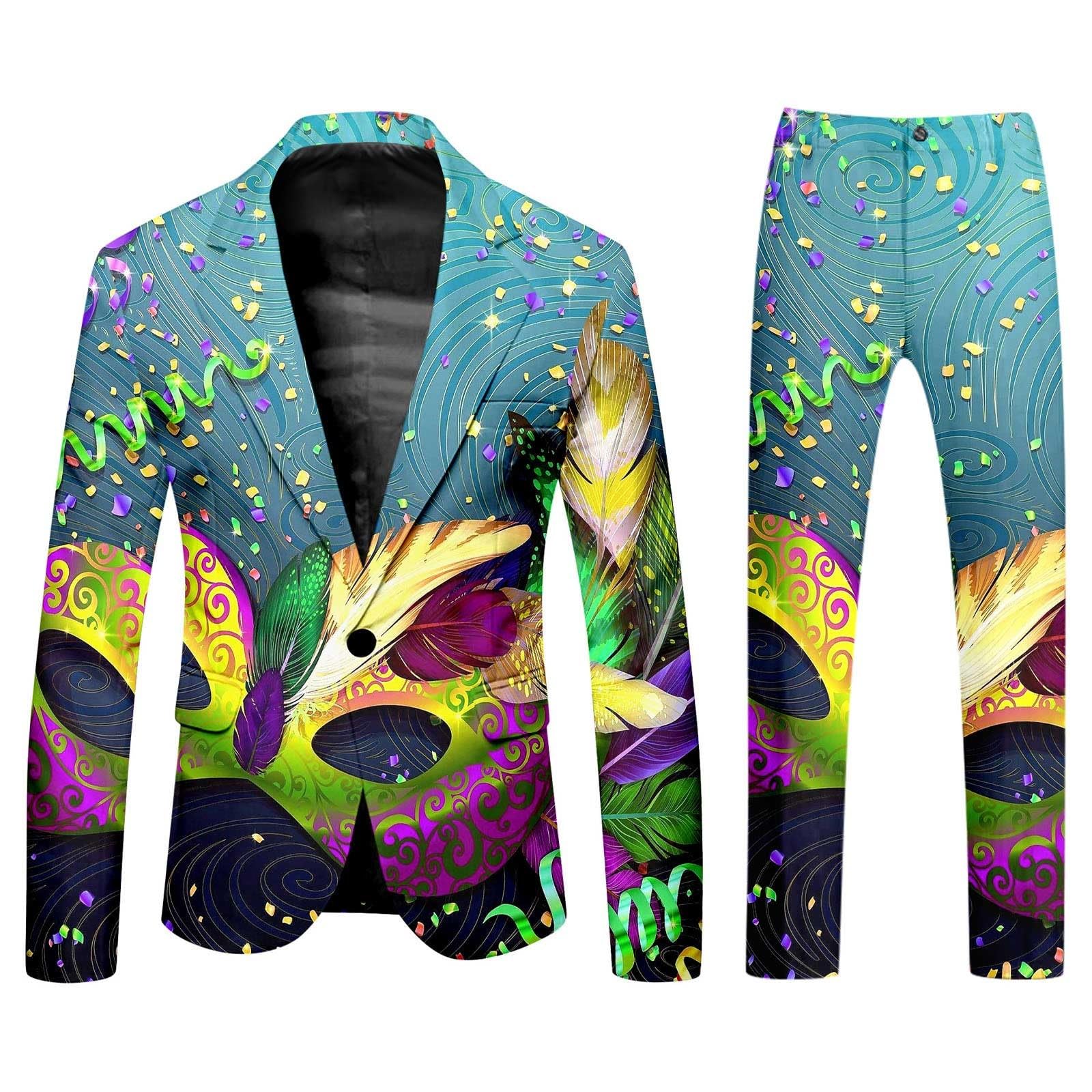 Silvester Outfit Herren Lustiger Masken Anzug Prom Suits FaschingskostüMe Mit Bunte Drucken 70Er Jahre Outfit Herren Mardi Gras Karneval Kostüm Faschingskostüme Herrenanzug