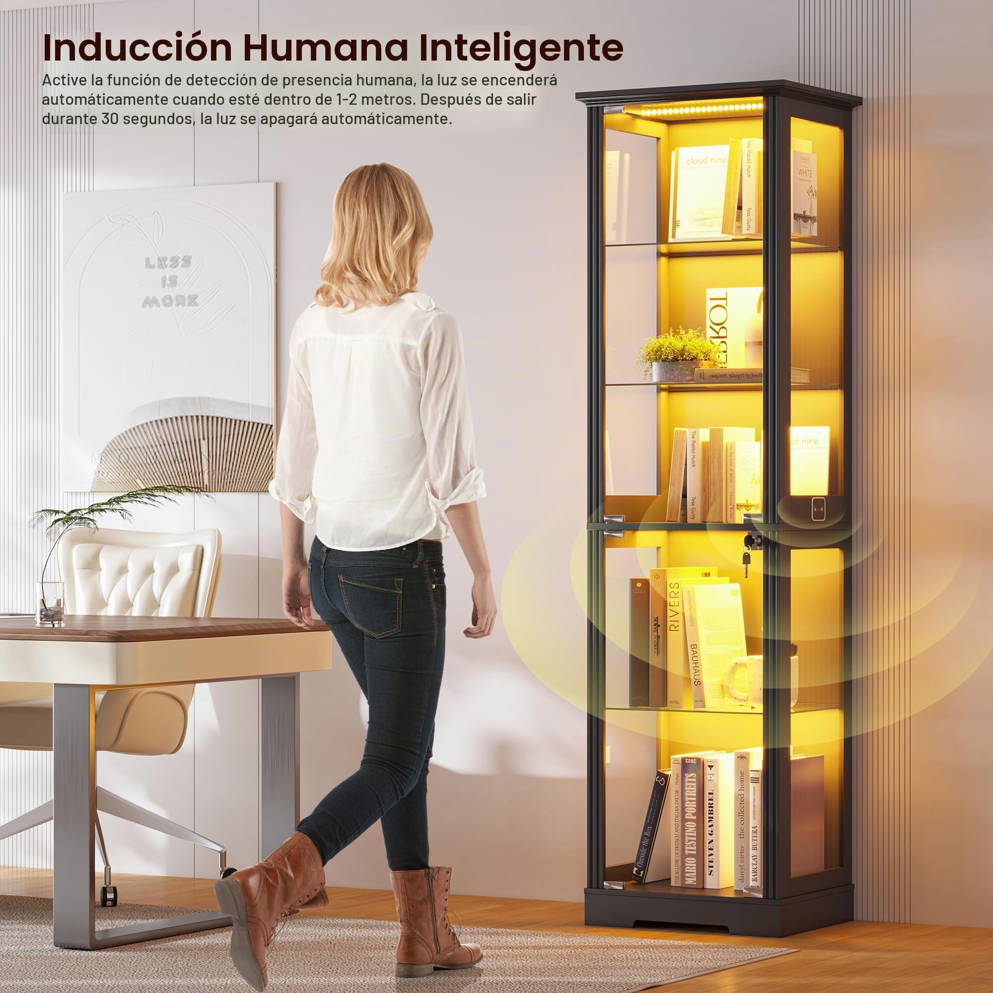 180 CM Vitrinas de Cristal LED y Partición Ajustable para Salón,Blanco | Vitrina esquinera con puerta de cristal con cerradura para Sala de estar,Vitrina con sensor de movimiento y cristal templado