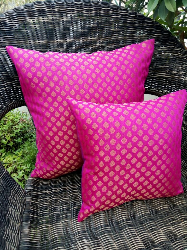 GET Bold with Retro Pink & Golden' Brocade Cushion Covers (Set of 2) (16"x 16" i.e 40x40Cms) - by Royal DecoFurnishing