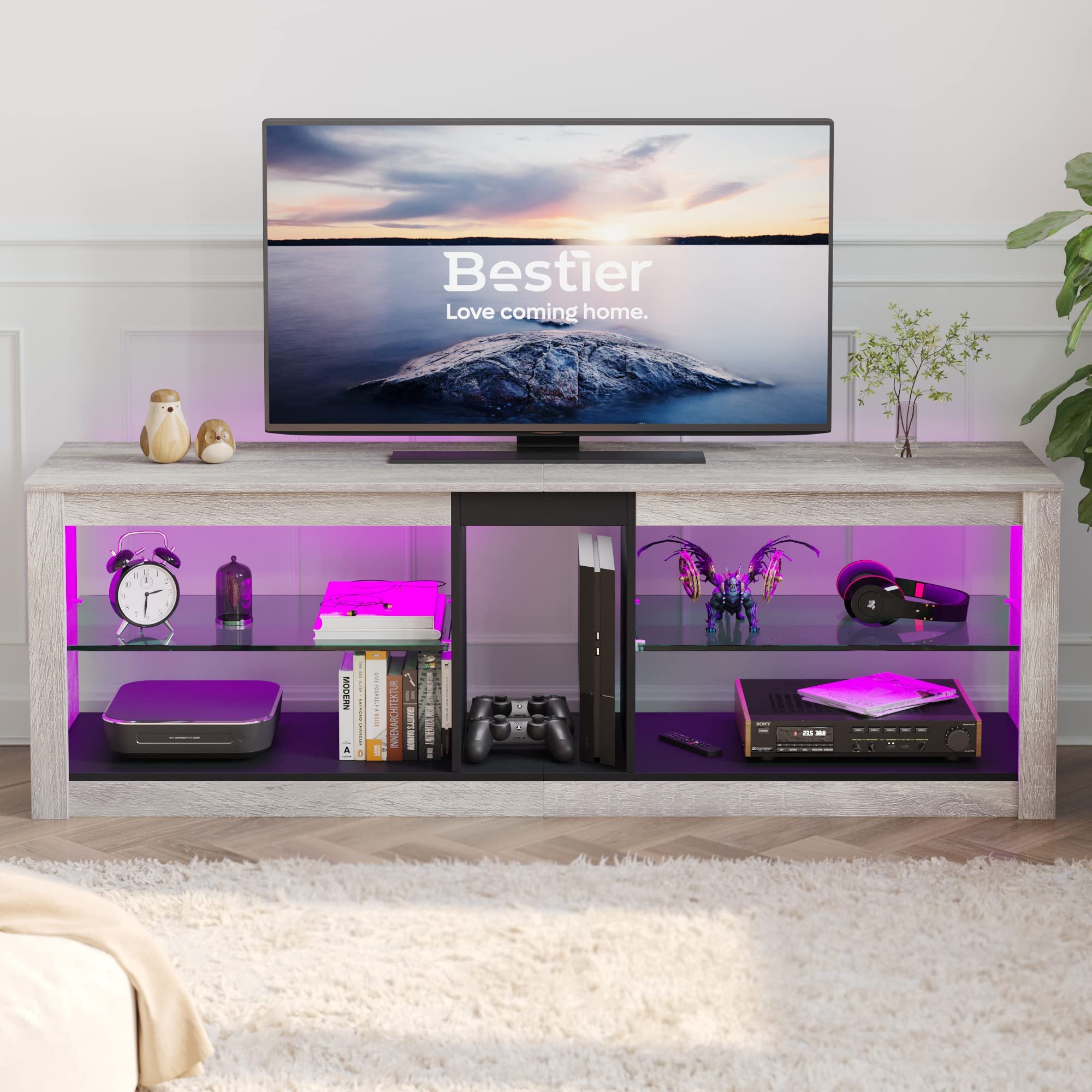 Bestier RGB TV Stand for 65+ Gaming Entertainment Center Gaming LED TV Media Console Table with 2 Glass Shelf PS Gaming TV Cabinet for Living Room