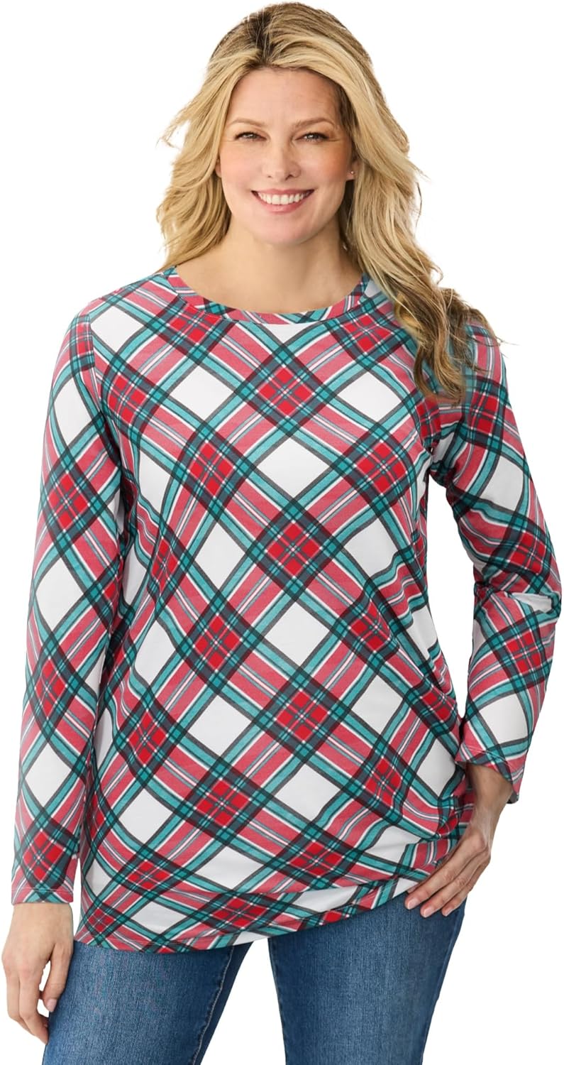 Woman Within Plus Size Perfect Printed Long-Sleeve Crewneck Tunic