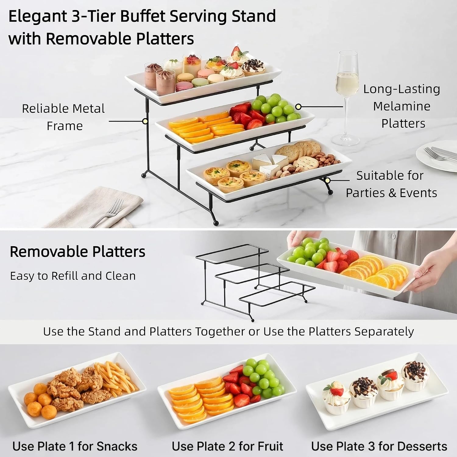12-Inch 3-Tier White Melamine Serving Tray Stand for Parties and Buffets