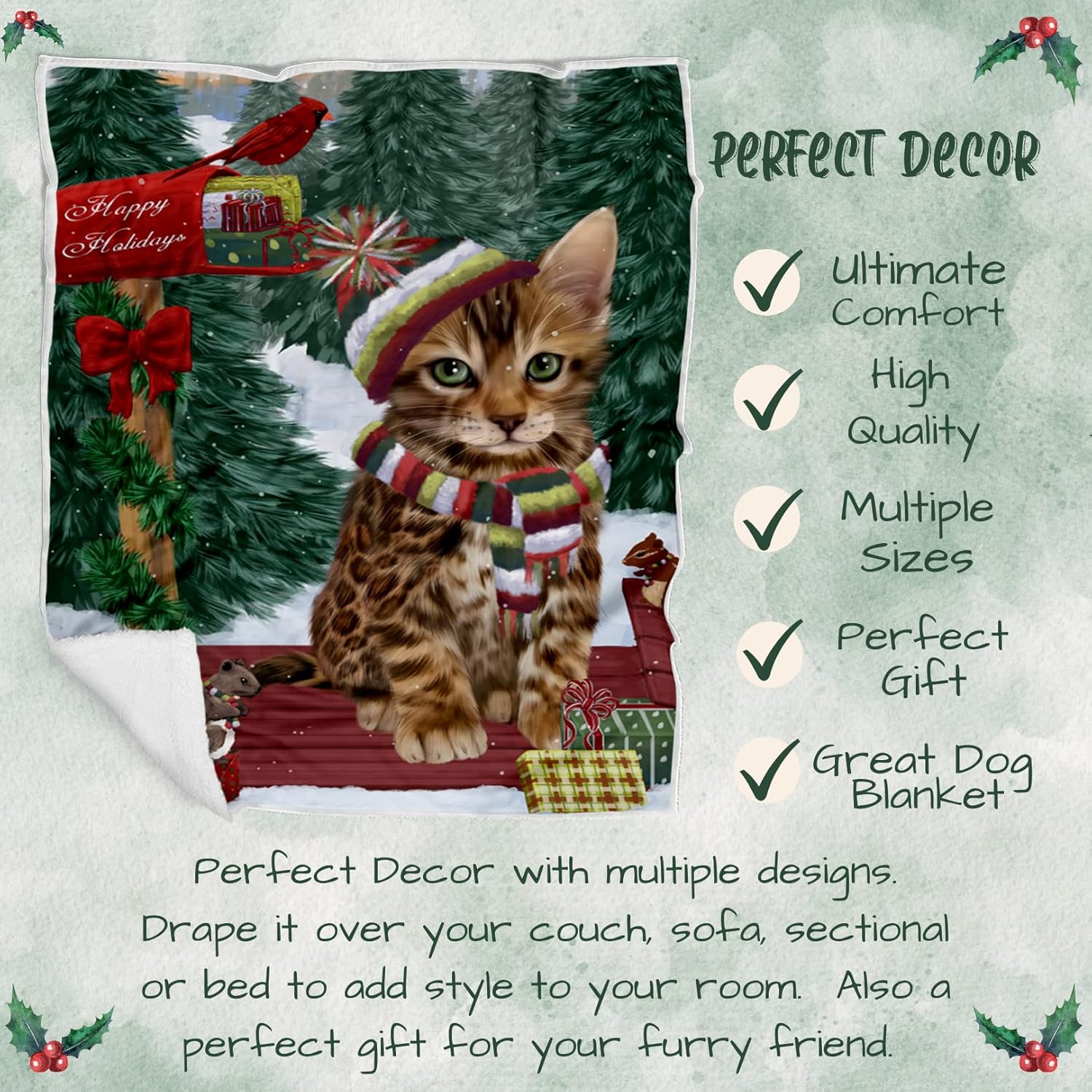 Doggie of the Day Bengal Cat Blanket - Merry Christmas Woodland Sled - Super Soft & Warm Pet Theme for Sofa or Bed, Warm Fleece, Sherpa or Woven Material, BLNKT50406 (30x40 Fleece)