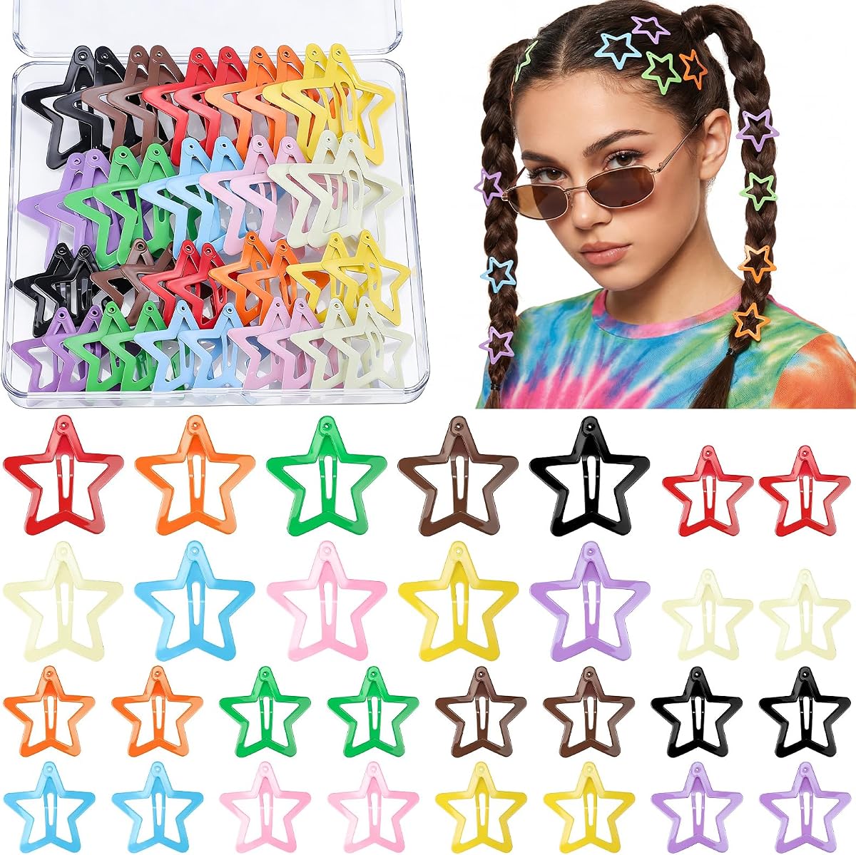 40 Pcs Star Hair Clips, 2000s Y2K Colorful Snap Hair Barrettes | 2 Sizes 1.2" & 1.6", Metal Non-Slip Snap Clips, Y2K Style, for Rave Outfits, Festival Outfits, for Parties and Festivals