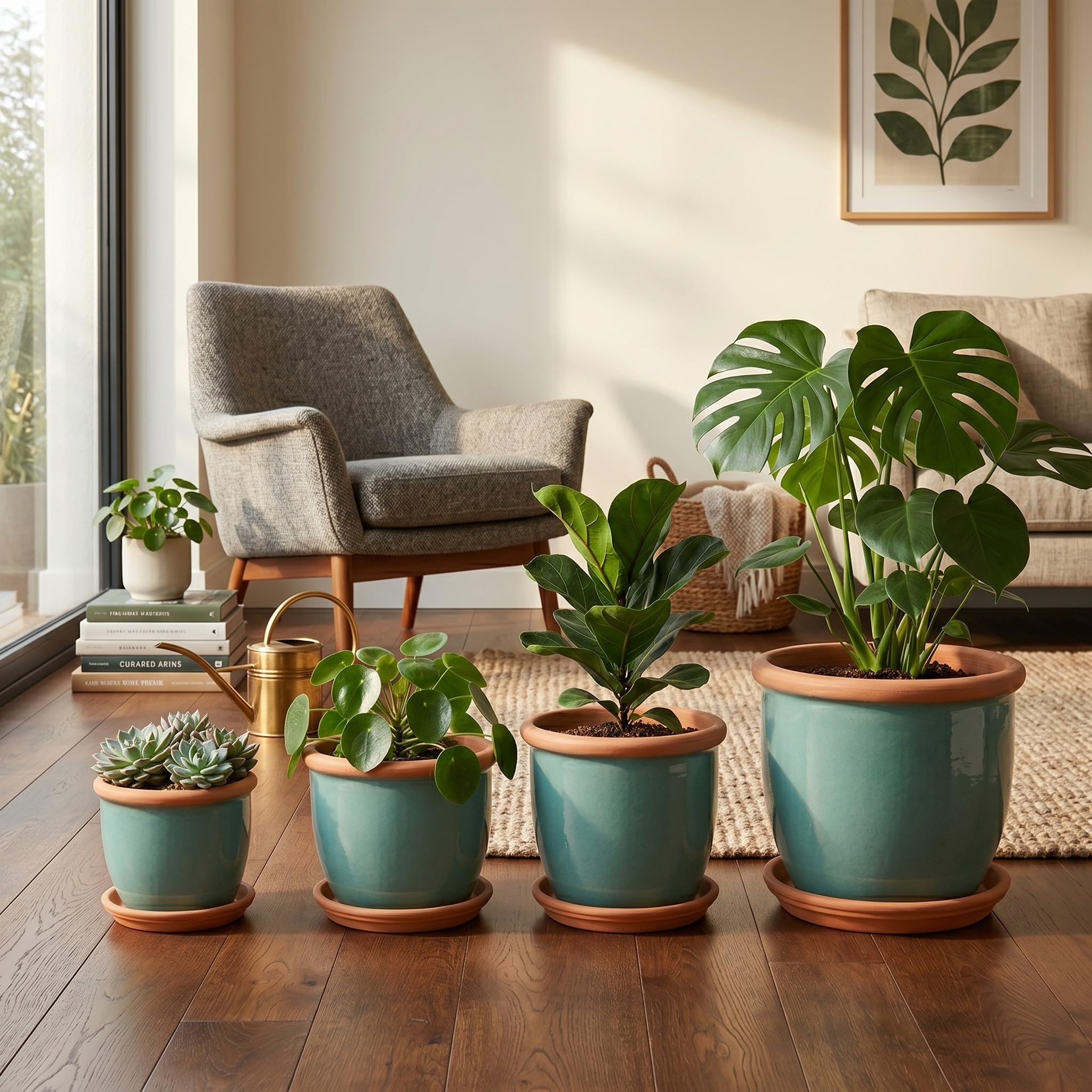 Teramico Set di vasi in ceramica con sottovaso, resistenti al gelo (verde, 45 cm x 34 cm)