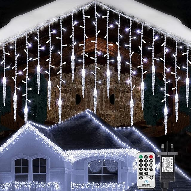 Geemoo Christmas Icicle Lights Outdoor 29.5ft/9m 360 LED Icicle Fairy Lights with 60 Strands, 8 Modes, Mains Powered, Remote, Timer, Waterproof for Eaves Balcony Christmas Decorations - White