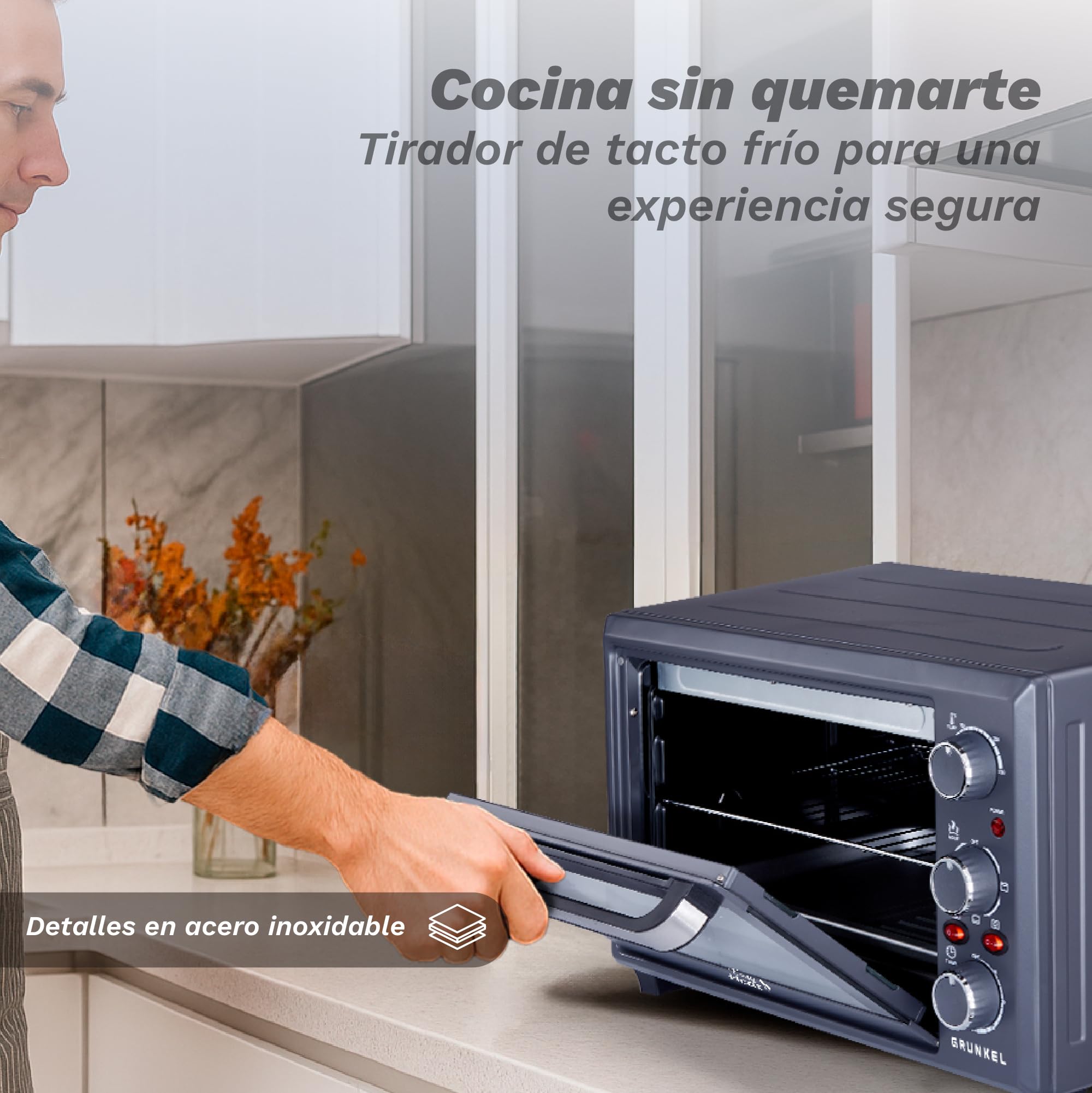 Grunkel Forno elettrico multifunzione da tavolo da 28 l con 3 funzioni di calore e selettore di temperatura fino a 230 °C. Timer fino a 60 min - 1600 W