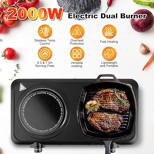 Miniatura 3 de Placa eléctrica infrarroja de doble quemador, placas calientes de doble quemador de 2000 W para encimera con placa de cocina de vidrio de 7.5