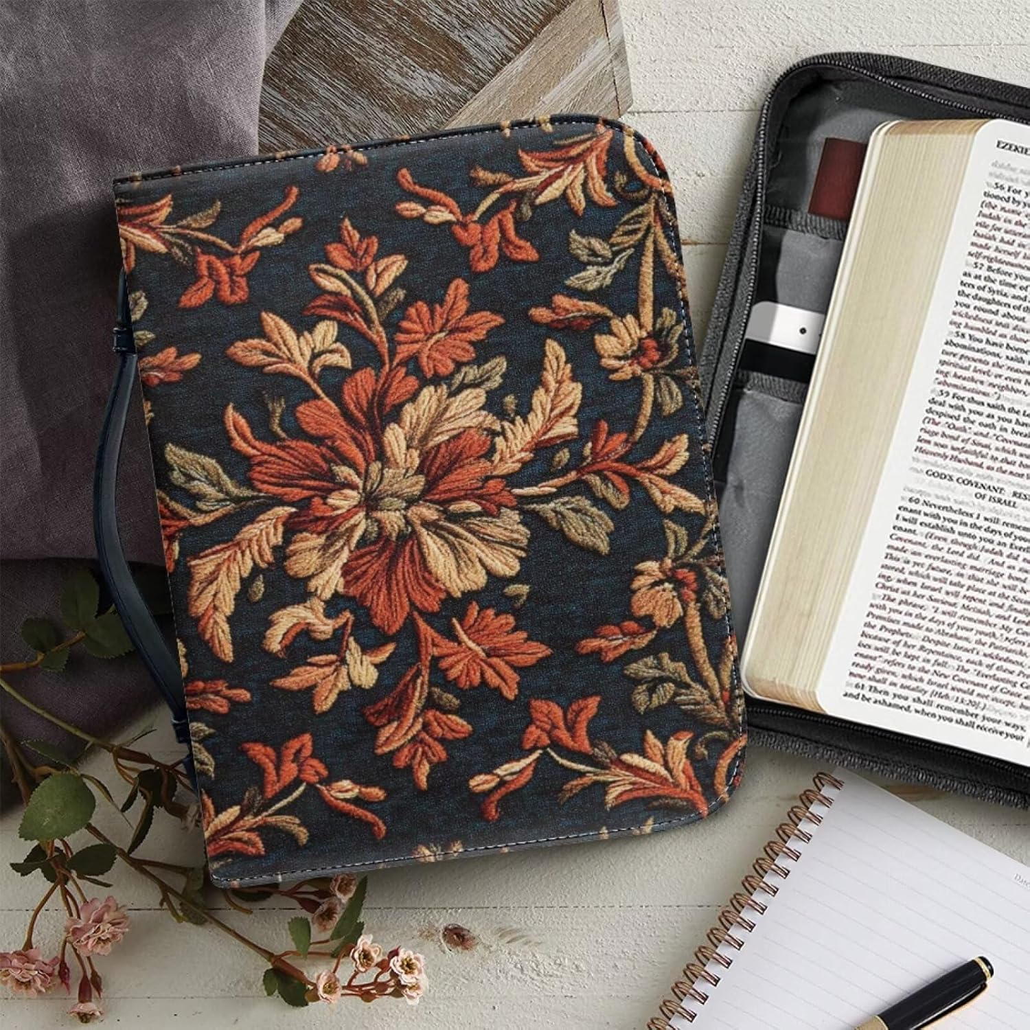 Vintage Flower Bible Cover Bible Cover Bags Floral Pattern with Handle Fits for Standard Size Bible Bible Study Accessories Supplies-Size：L