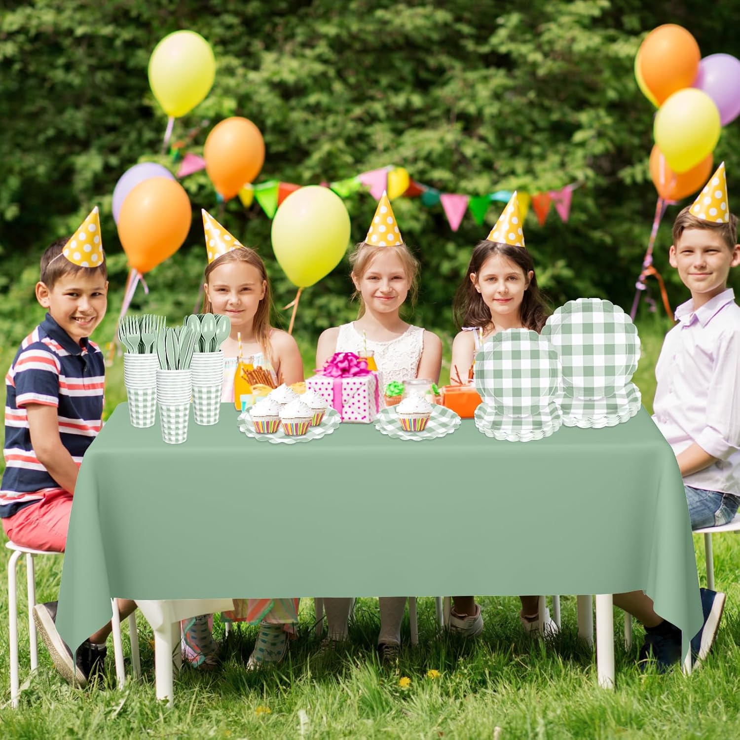 175 PCS Sage Green Gingham Plates and Napkins, Green Checkered Disposable Plates Set with Napkins Cups Plastic Spoons Forks Knives for Dinner Birthday Baby Shower Wedding Supplies Serve 25 Guests - Image 5