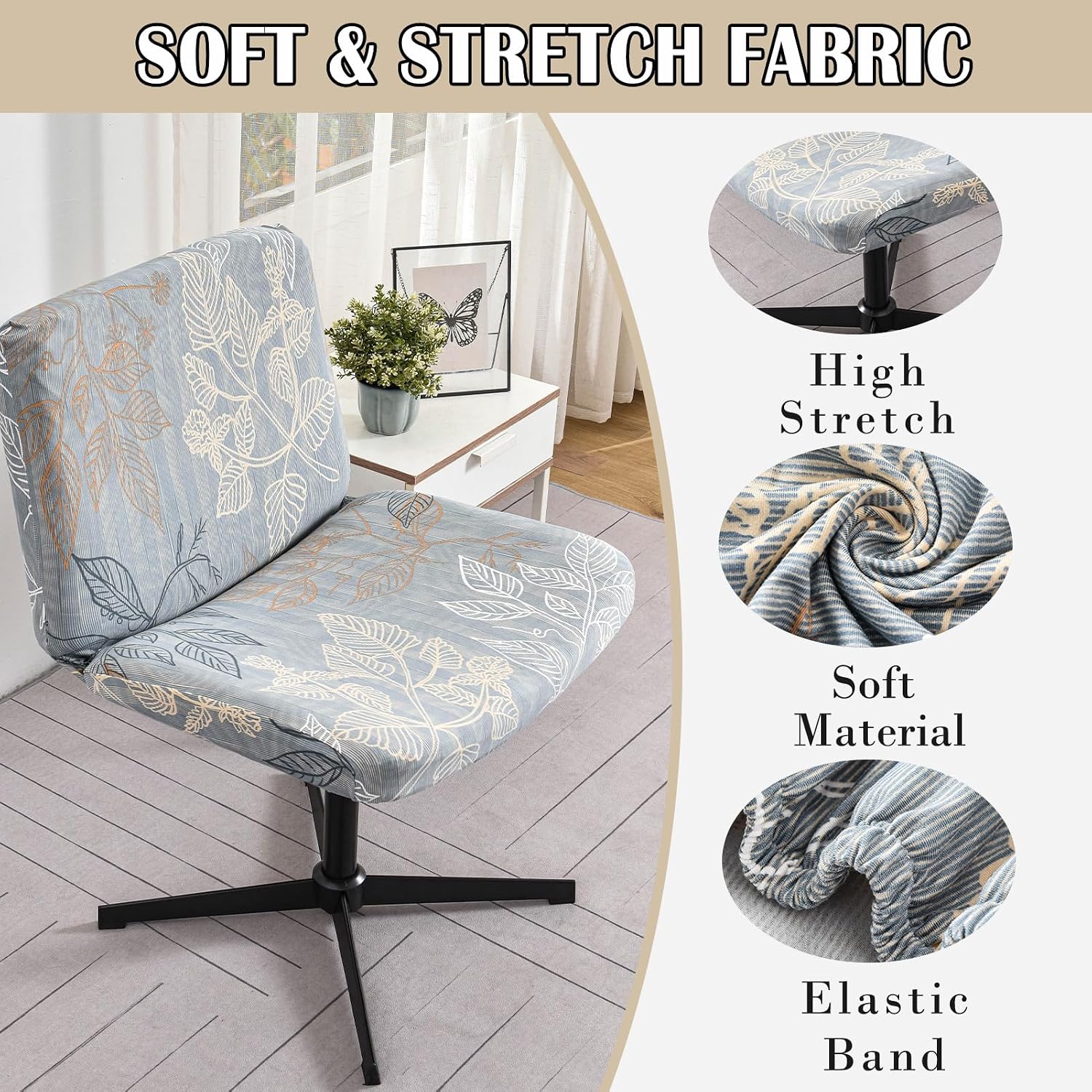 Mid Back Wide Chair Cover Printed Armless Office Chair Slipcover Stretch Cross Legged Chair Covers Computer Desk Chairs Protector Grey Leaf