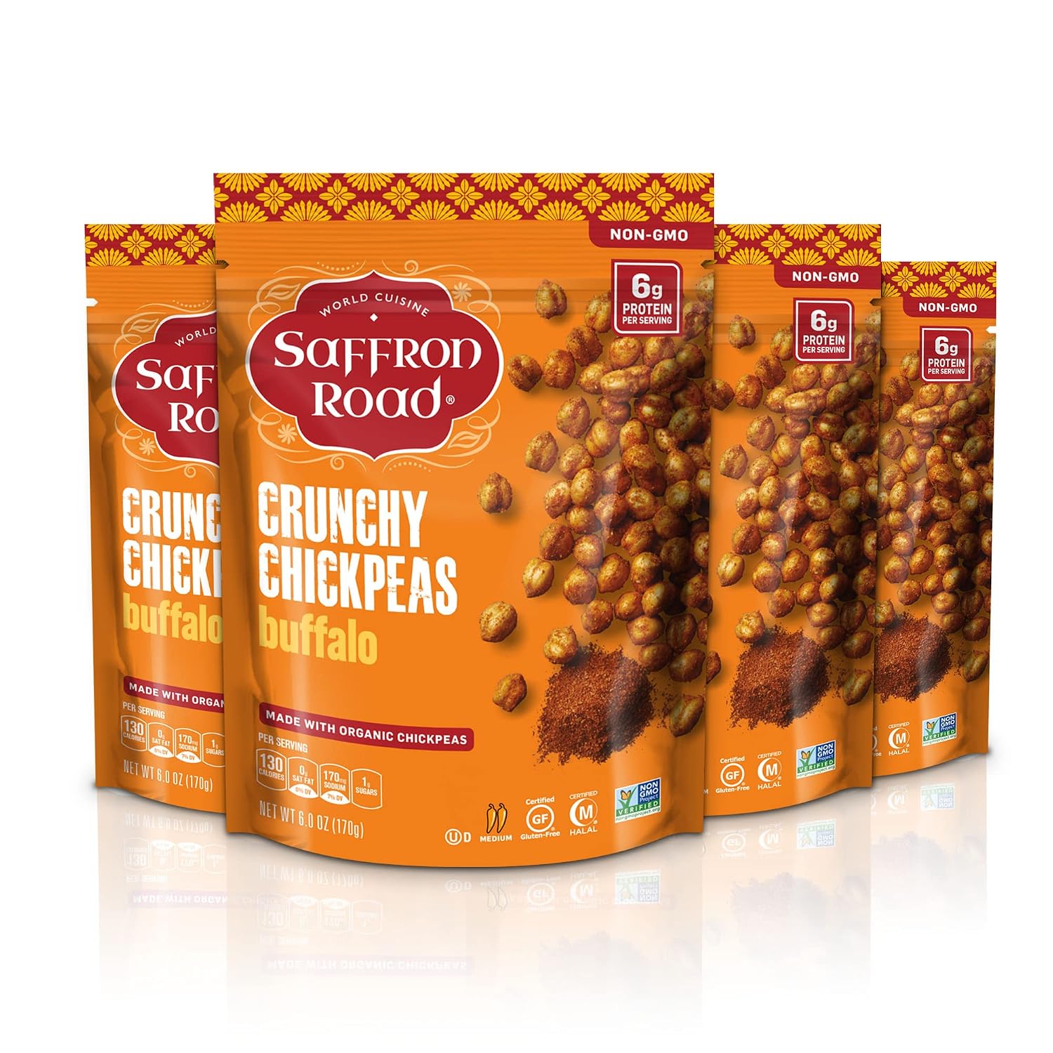 Saffron Road Organic Crunchy Chickpea Snacks-Gluten Free, Vegetarian, Non-GMO, Halal, Kosher - (Buffalo, 6 oz (4 Pack))