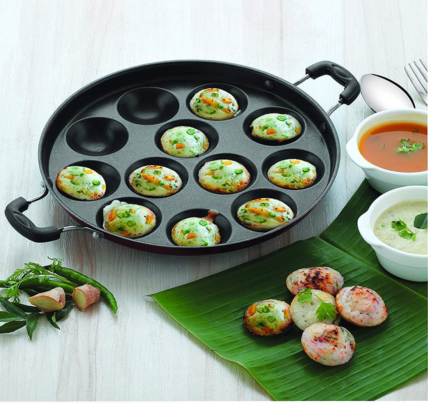 KD ZONE Appam Maker Non-Stick Aluminium Pan With Side Handle Lid Cover for Idli and Pancakes - Oil Brush Free (Multicolor)