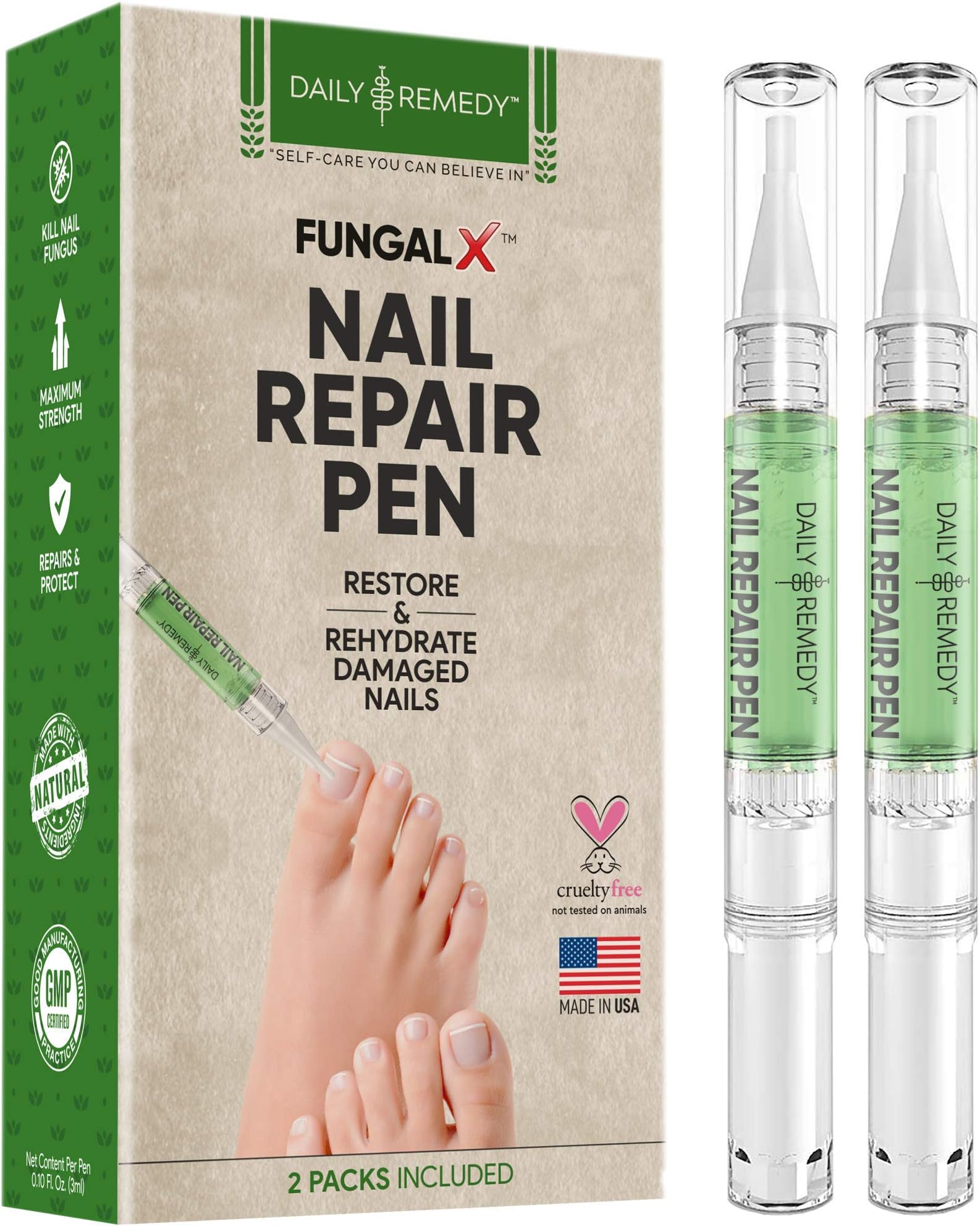 DAILY REMEDY Nail Repair Pen Set – 2-Pen Fingernail & Toenail Health Care Bundle – Natural Essential Oil Nail Fungus Treatment – Repairs Nail Damage, Renews Broken, Cracked & Discolored Nails