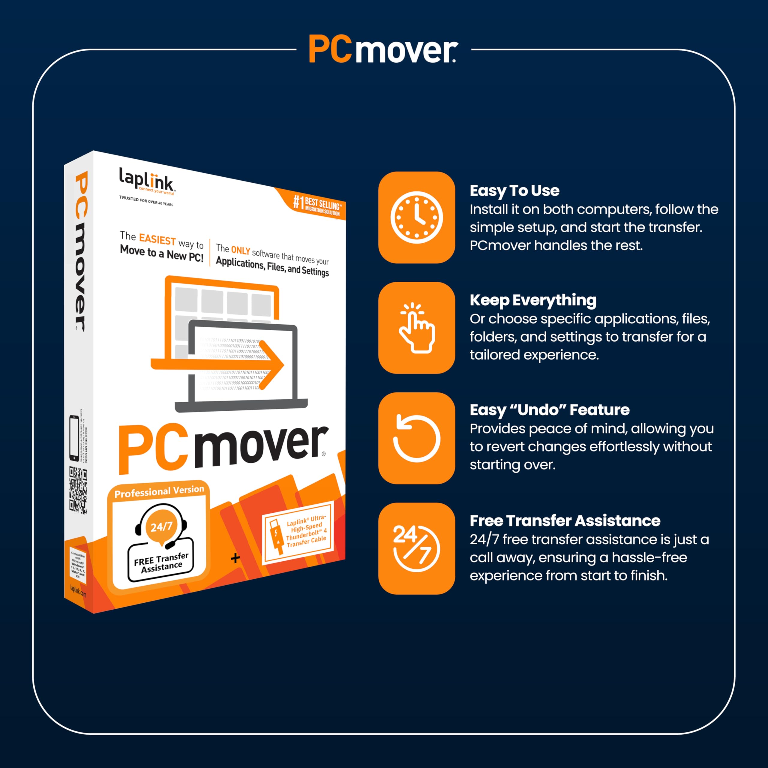 Laplink PCmover Professional 11 Migration Software with Thunderbolt 4 Transfer Cable