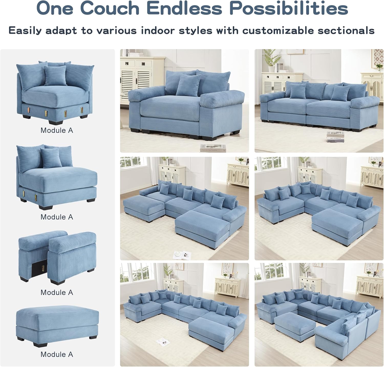 KEIKI 79" L-Shaped Oversized Corduroy Modular Cloud Sectional Sofa with 1 Ottoman, High-Density Foam Cushion, Extra-Thick Armrest, 3-Seater Fluffy Corner Couch with 10 Pillow, for Living Room, Blue