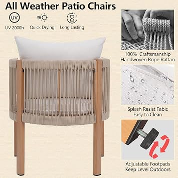 Outdoor Dining Chairs Set of 2, Wicker Patio Furniture Set with Armrests, Cushioned Backrest Patio Arm Chairs, Metal Barrel Dining Room Chair, Modern Kitchen Table Chair for Balcony, Beige