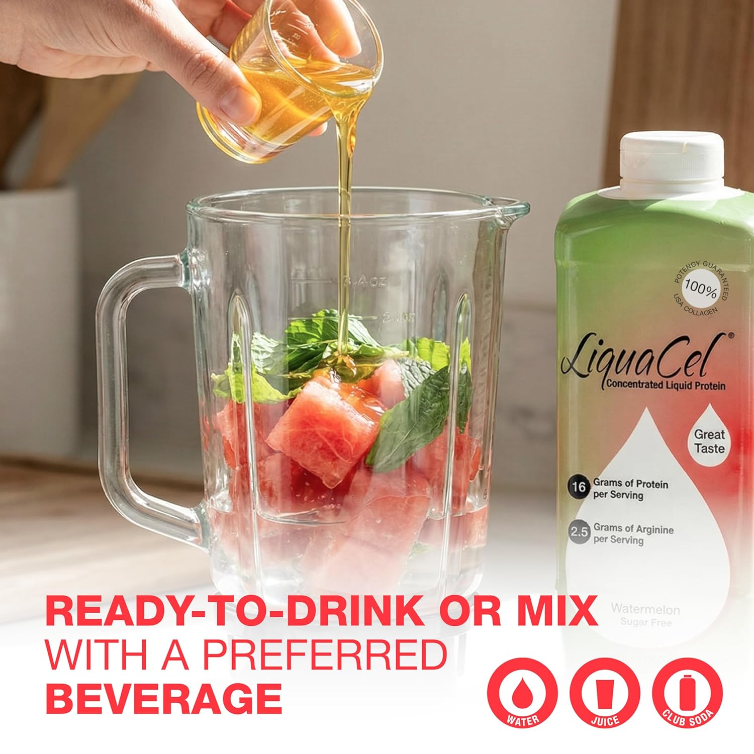 LiquaCel Concentrated Liquid Protein, Watermelon Flavor, Ready-to-Drink, 16g Hydrolyzed Collagen Protein and 2.5g Arginine Per 1oz Serving, Sugar & Gluten Free, Recovery Formula, 32 fl oz Bottle - Image 5