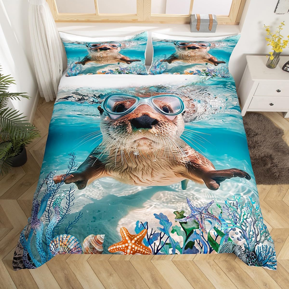 Feelyou Boys Girls Ocean Theme Comforter Cover Twin Size, Cute Otter Duvet Cover Kids Kawaii Sealife Bedding Set Beach Coastal Underwater World Teens Bedspread Cover Quilt Cover 2Pcs(No Comforter)