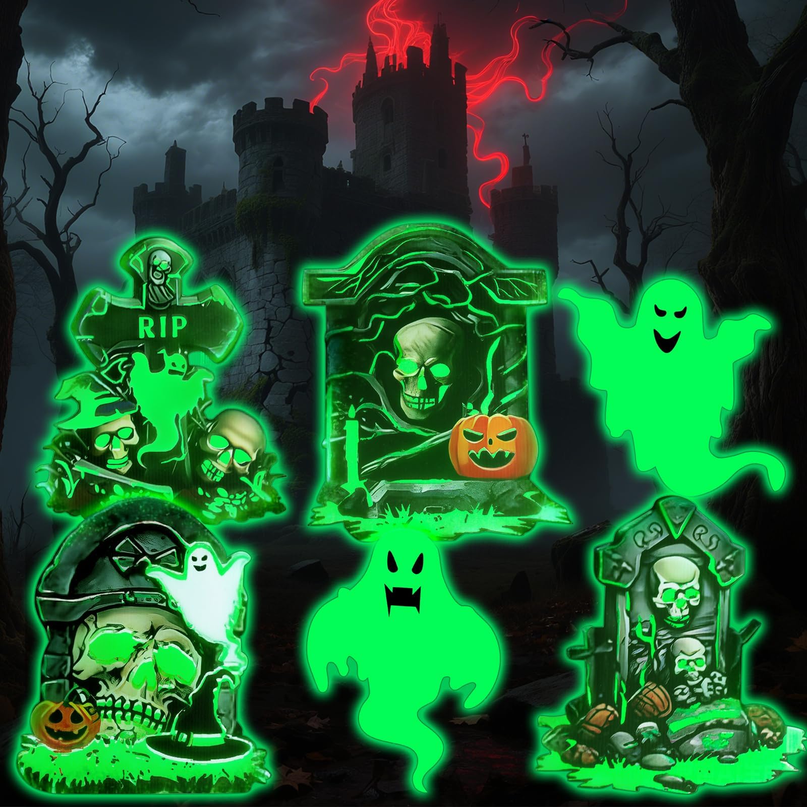 Halloween Decoration Luminous Gravestone Set of 6 Halloween Headstones for Outdoor, Waterproof Graveyard Decoration Figures for Garden, Lawn, Party and Outdoor Decoration