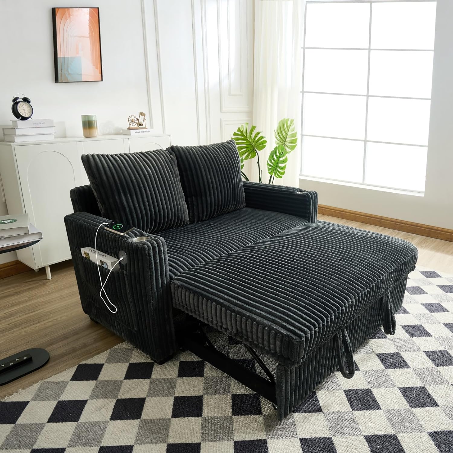 Wrofly 3 in 1 Pull Out Couch, 56 Inch Corduroy Sofa Bed, Convertible Loveseat Sleeper Sofa for Living Room, Adjustment Backrest Upholstered Couch Bed with 2 Side Pockets, USB, Cup Holder, Dark Grey