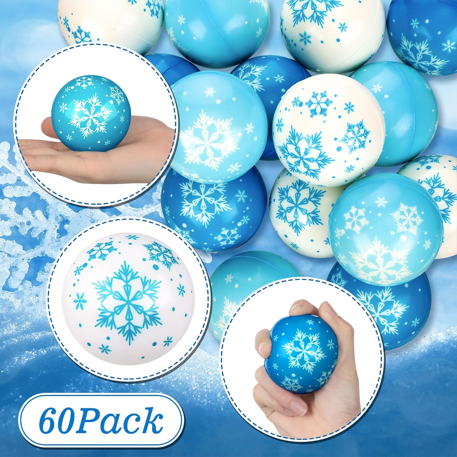 Zhanmai Winter Snowflake Stress Balls Bulk Snow Squeeze Balls Stress Relief Ball for Winter Holiday Decorations Goodie Bag Fillers(60 Pcs,2.48 Inch)
