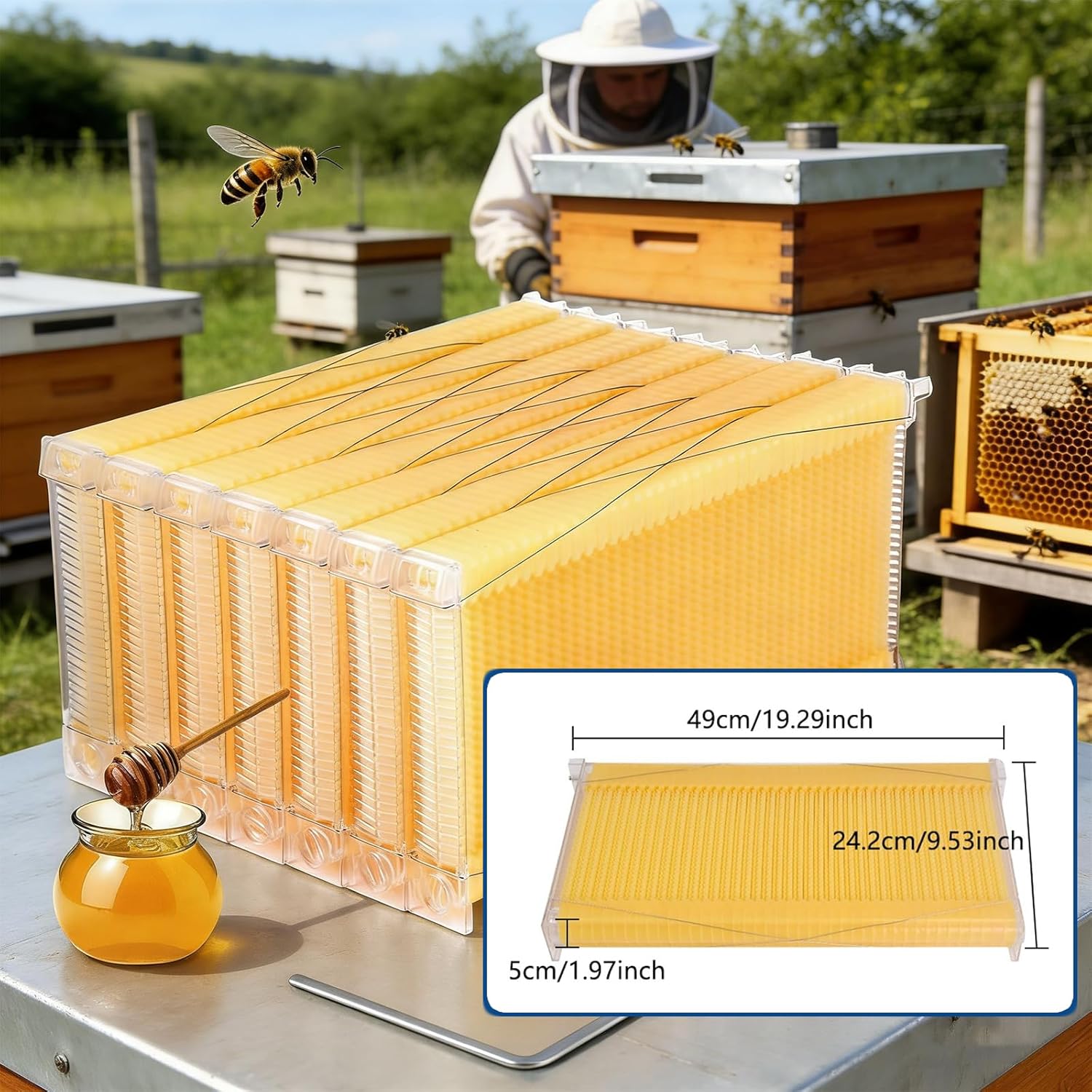 Self-Flowing Wooden Beehive Starter Kit, Complete Bee Box with 7 Honeycomb Trays, Observation Window and Honey Spout for Beekeeping, Pollinator Garden and Outdoor Habitat