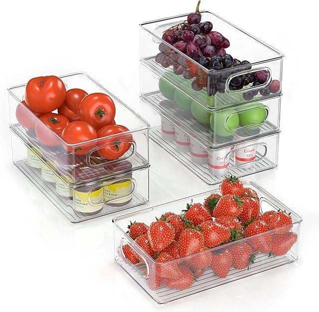 FINEW Stackable Fridge Storage Organiser Set of 6, Clear Refrigerator Storage Boxes Bins, Transparent Small Organizer Boxes for Fridge, Kitchen, Pantry, Cabinets, Cosmetics, Countertops - BPA Free