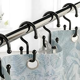 Bathway Plastic Double Shower Curtain Hooks,12Pcs Bathroom Shower Curtain Hooks, Smooth Sliding, Easy to Use, Multi-Functional Rings for Shower Curtain, Black