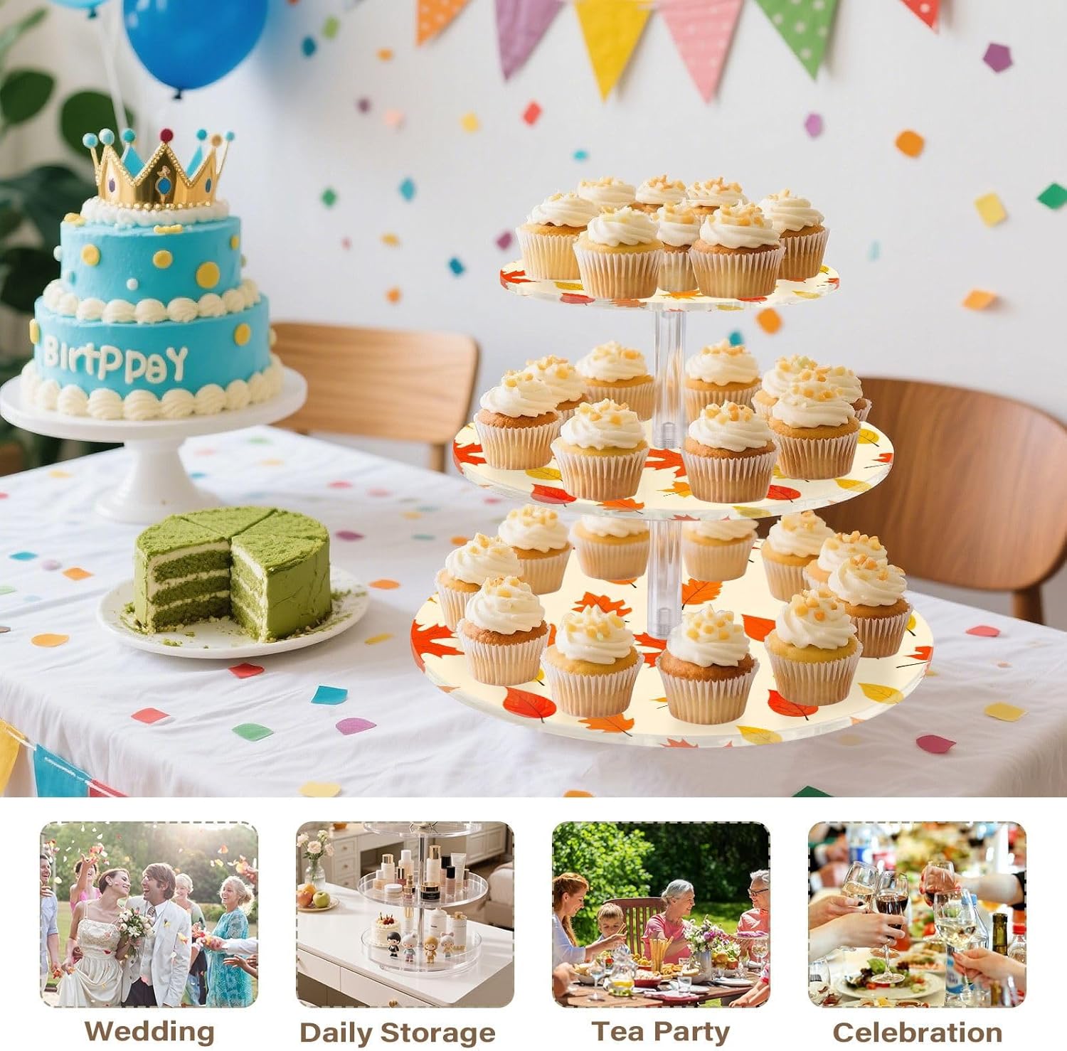Maple Leaves Leaves 3 Tier Acrylic Cupcake Stand, Cupcake Stand for 34 Cupcakes for Weddings,Christmas,Holidays,Parties,Birthday,Printed Cupcake Tower 23300025