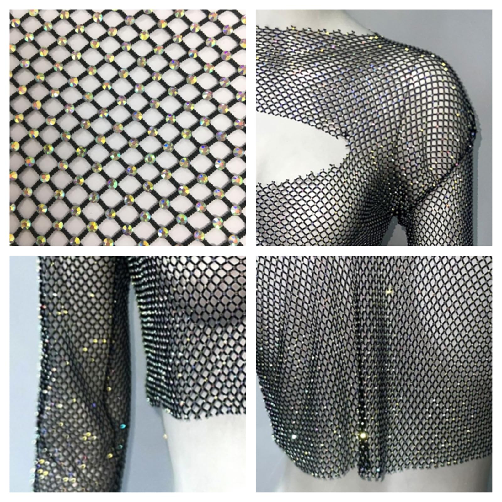 Manica Lunga Da Donna Sexy Stretch Hollow Out Mesh T Shirt Top Da Festa Con Strass Alla Moda