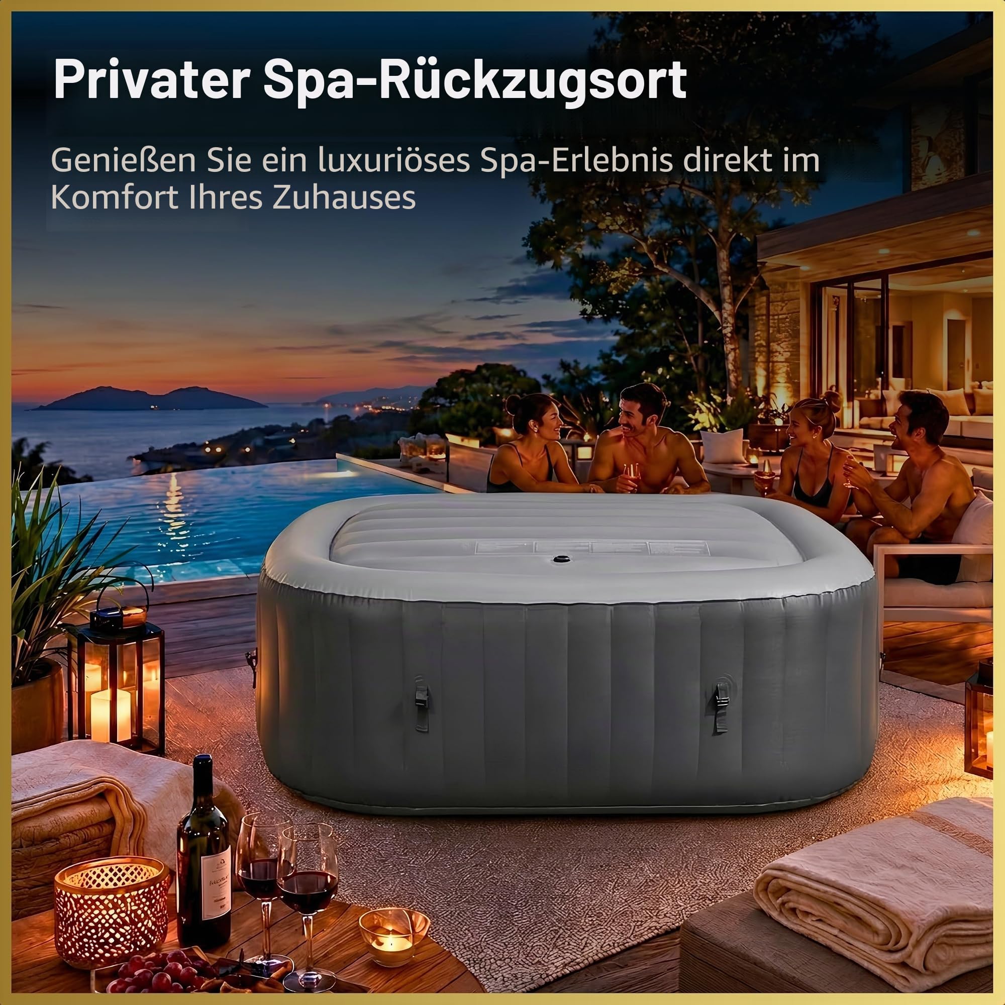 Energiesparende Spa-Abdeckung, aufblasbarer Deckel, schützender Regen-Überlauf, Wärmeisolator, Technologie, quadratische Blase, passend für alle quadratischen Whirlpools von 6 Personen bis 145 cm,