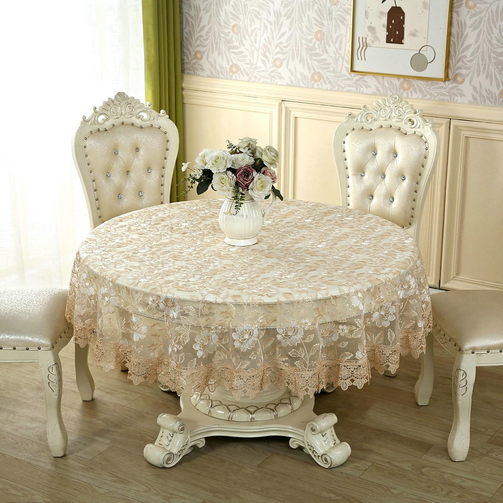 Tischdecke Rund Abwaschbar 180 cm, Hohl Spitze Stickerei Polyester