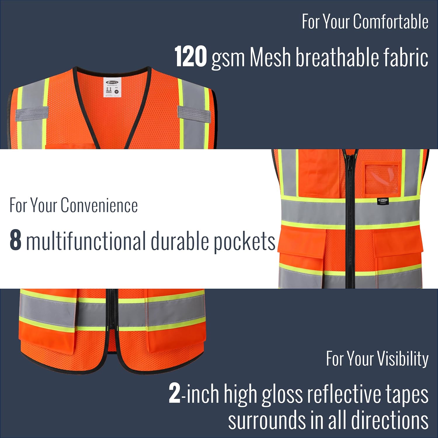 JKSafety Safety Vest for men women Hi Vis Reflective Vest with Pockets and Zipper High Visibility Meet ANSI Standard（BX320 thumbnail