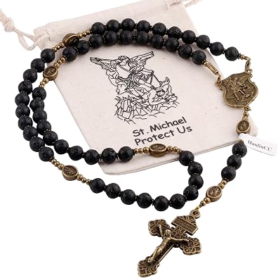 HanlinCC Black Lave Stone Beads Saint Michael Catholic Rosary Necklace with Gift Bag