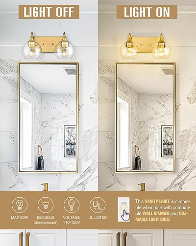 Miniatura 2 de Emak VL118-BGD-CG-2 - Moderna lámpara de baño de oro cepillado, 2 luces con pantalla de vidrio transparente, luces de tocador de globo para baño,