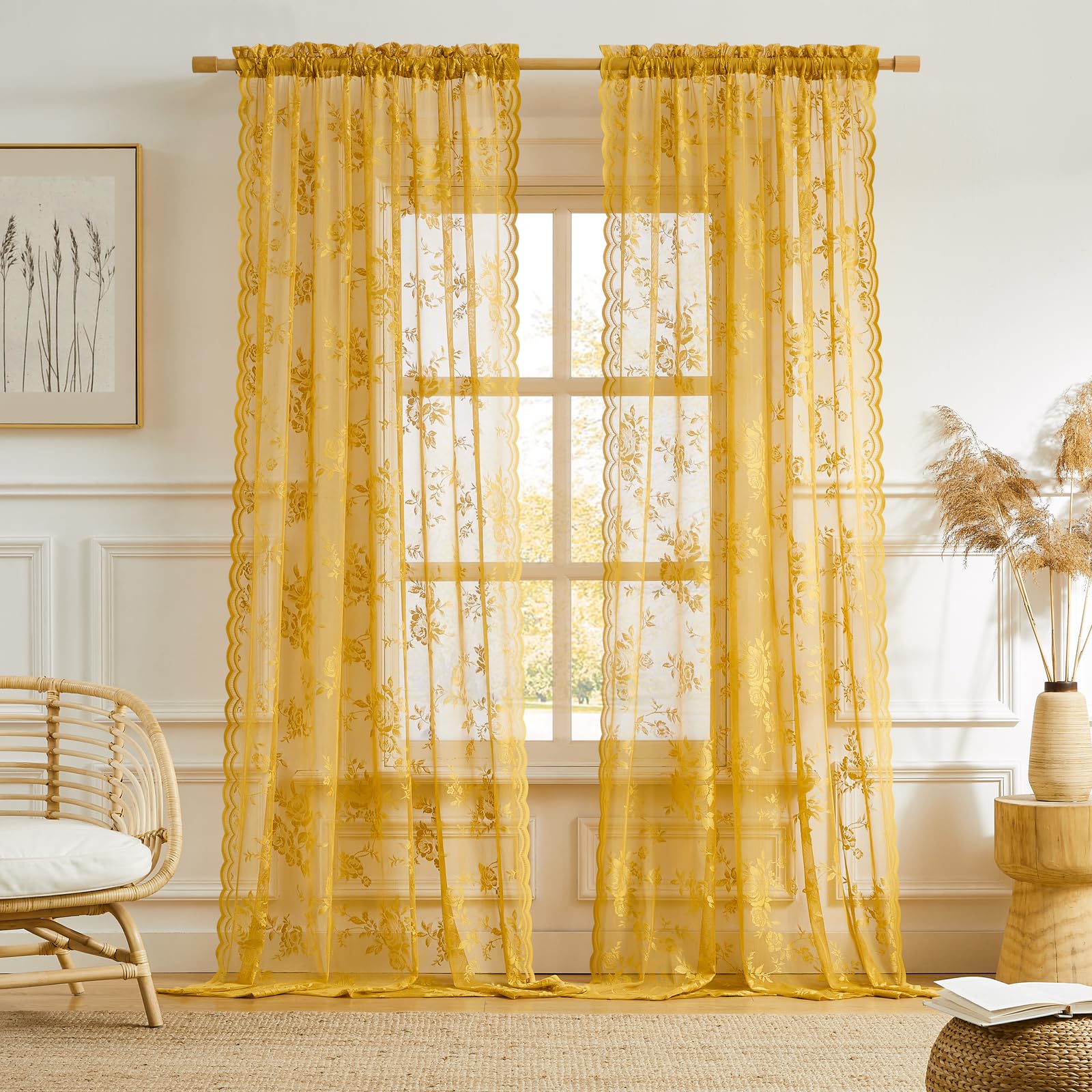 Yellow Lace Curtains 96 Inches Long 2 Panels Country Gold Flower Sheer Curtains for Bedroom Living Room Rod Pocket Light Filtering Drapes for Dining