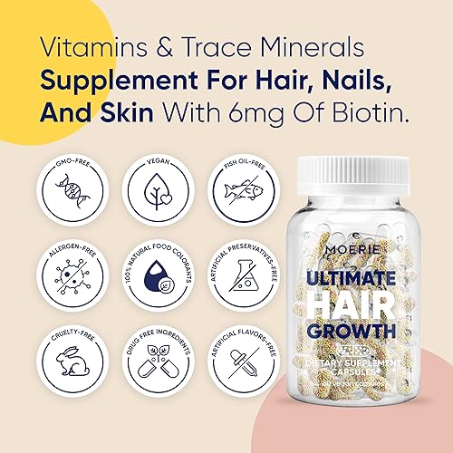 Miniatura 2 de Moerie Suplemento para el crecimiento del cabello para mujeres y hombres vitaminas para la piel y las uñas con biotina Q10 y minerales para un