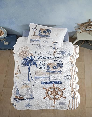 Ropa de cama náutica 100% algodón, colcha temática de faro de barco vintage con funda de almohada, tamaño individual