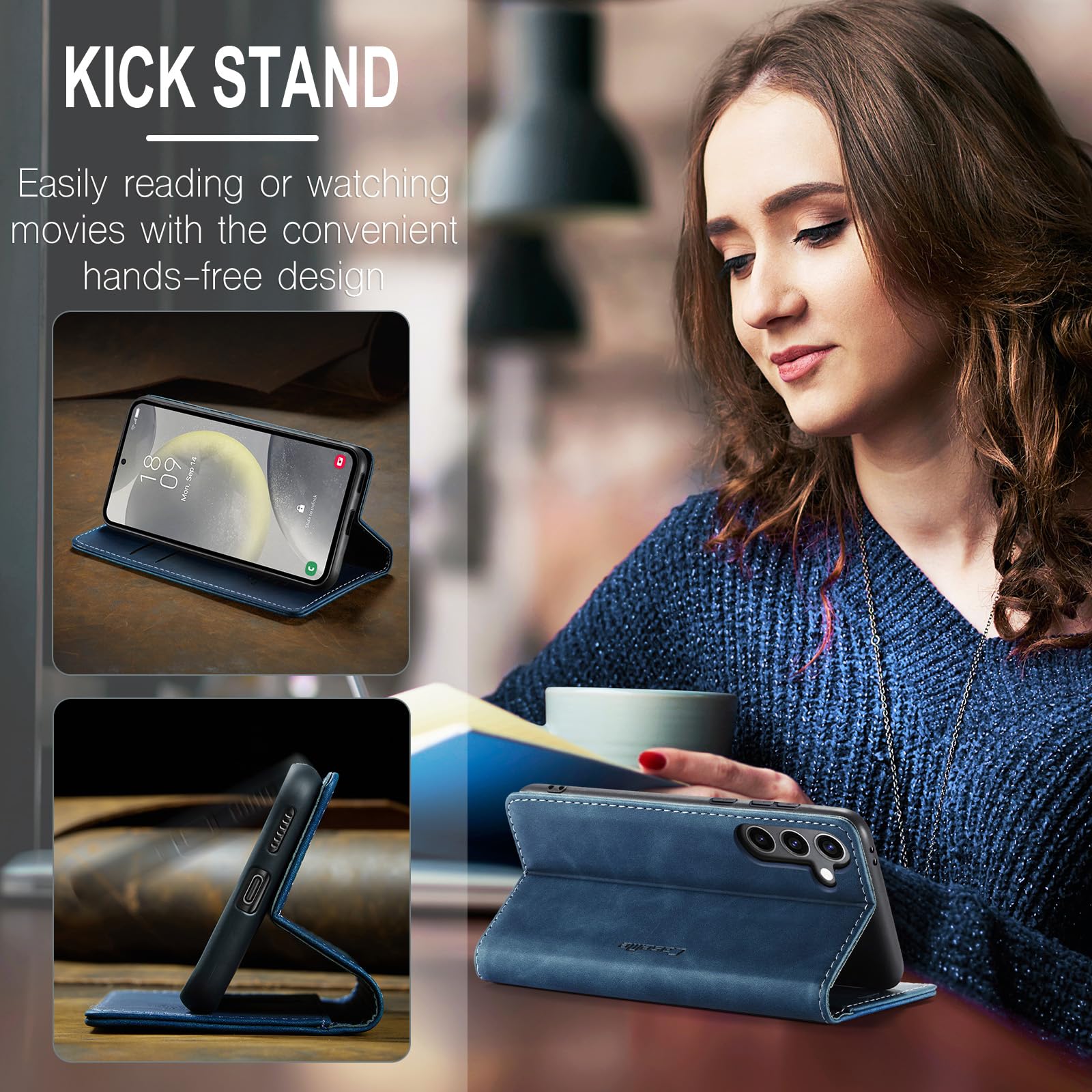 Azororo Cover per Samsung Galaxy S24 5G, Premium PU Pelle Custodia, Magnetica Carta Fessura Portafoglio Case, Flip Cavalletto Custodia per Samsung Galaxy S24- Blu