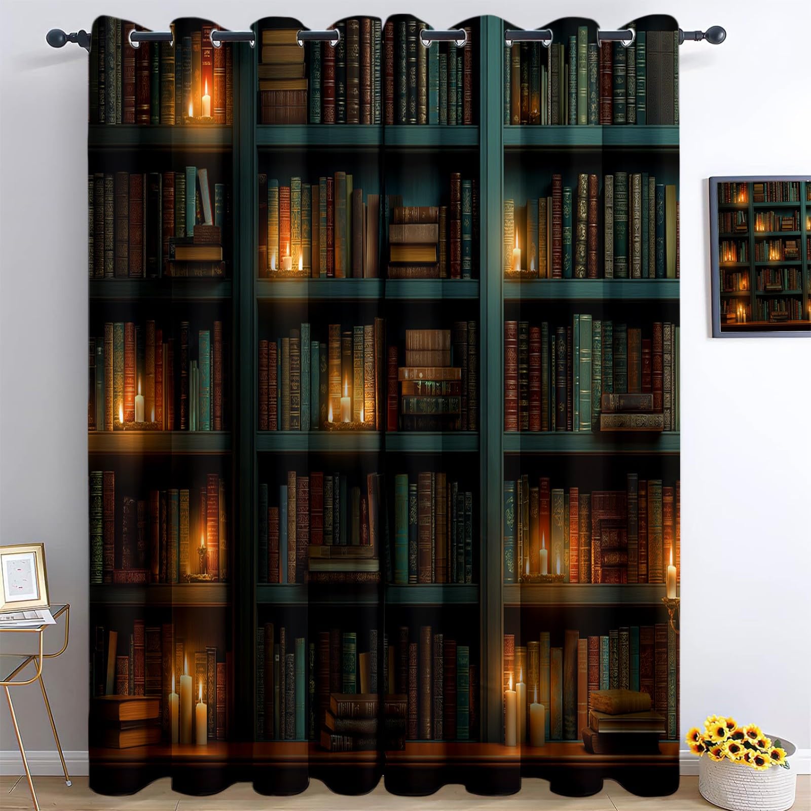 Kinderzimmer Vorhänge Bücherregal Bücher Verdunkelungsvorhang Blickdicht mit Ösen, Schwarz Kerzen Holz Wissen Gardinen - für Jungen & Mädchen 140 x 245 cm (2er Set)
