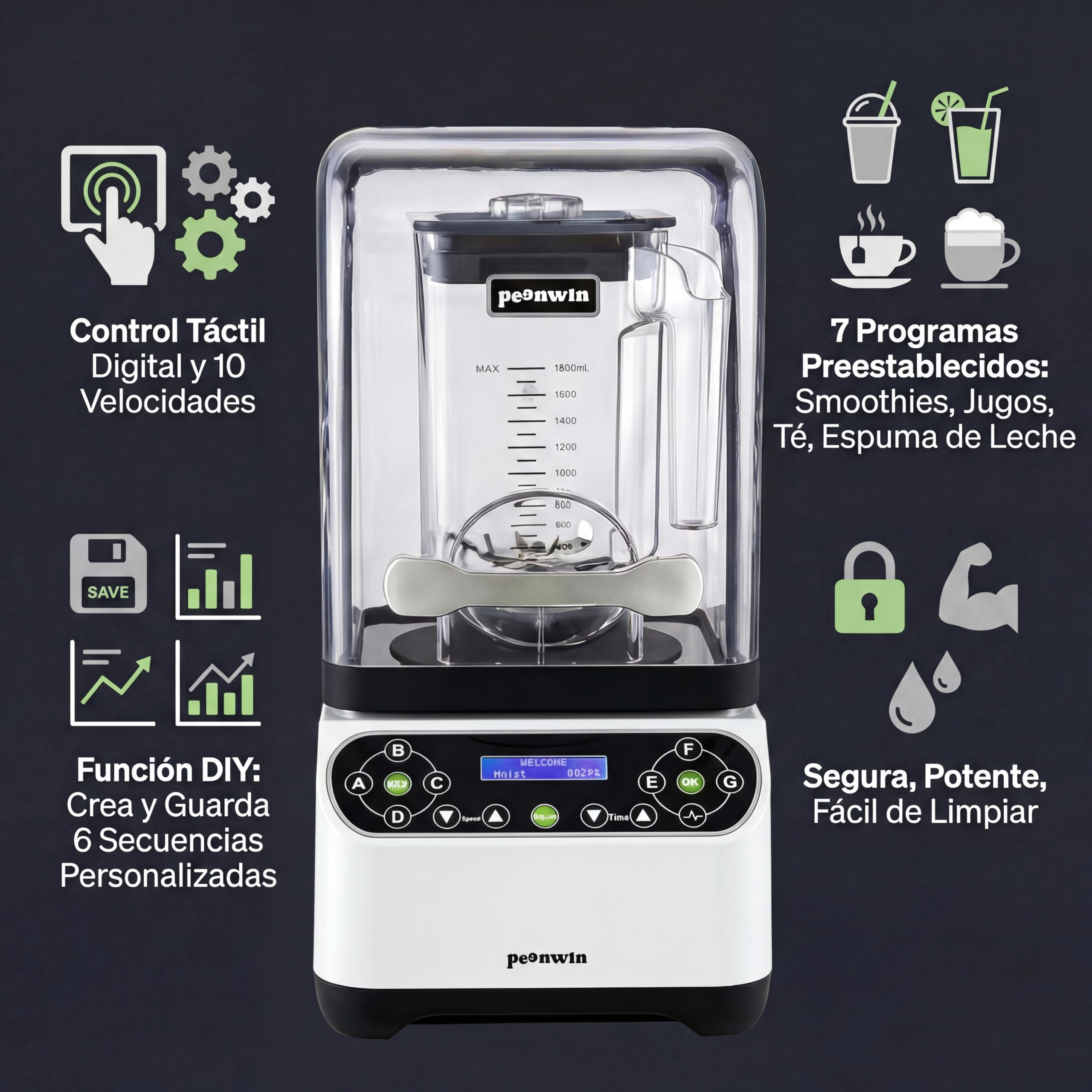 Batidora de Vaso Profesional Insonorizada | 2200W Potencia Industrial con Cubierta Antiruido (Noise Cover) | Programable DIY Pantalla Digital | Picadora de Hielo y Smoothies para Bar y Cocina | 1,8L