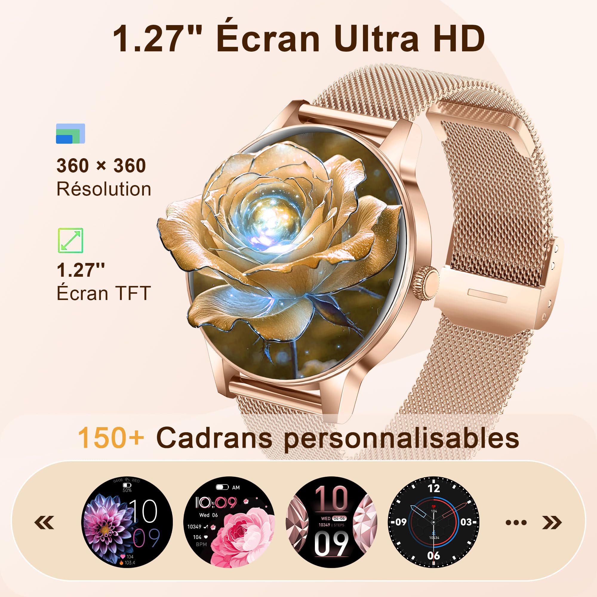 Montre Connectée Femme avec Appel Bluetooth, 1.27" HD Rond | Montre Sport pour iOS Android, Fréquence, Cardiaque, Sommeil, SpO2, 110+ Sportifs, IP68 étanche, 3 Bracelets, Or rose