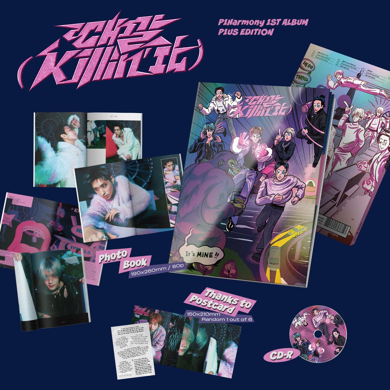 P1Harmony - 1st Album [Killin' It] (P1us Edition VER.) Photo R + Thanks to Postcard + Folded Poster + Polaroid + Init Photo Card + Selfie Photo Card + 3 Extra Photocards